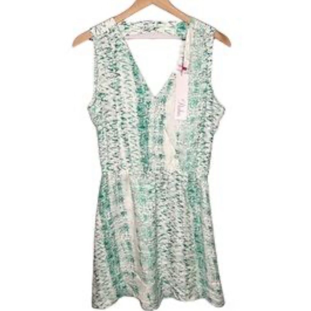PARKER 100% silk Ariana Green and white Patterned mini Dress size XS/S